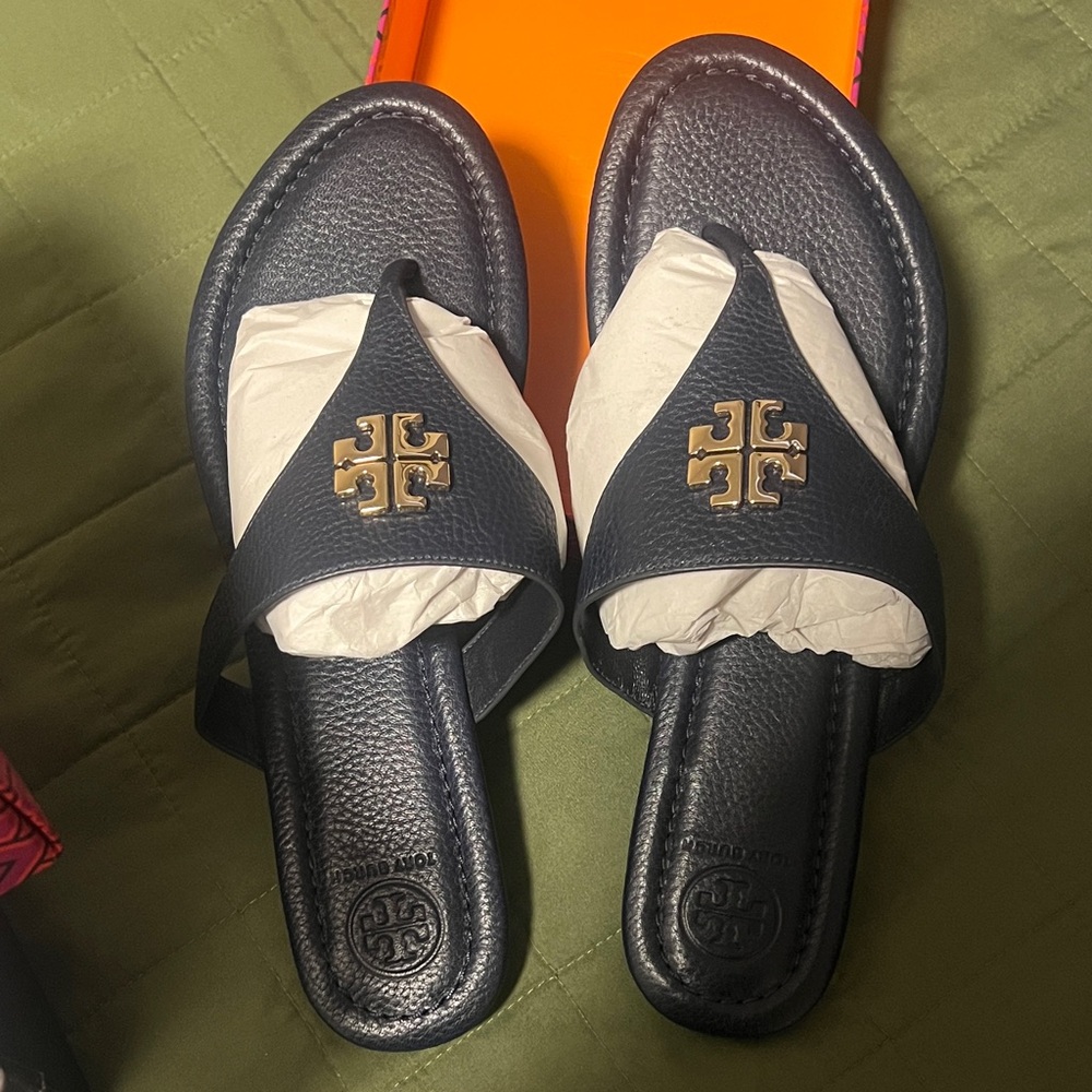 Tory Burch Navy Sandals with Gold Emblem